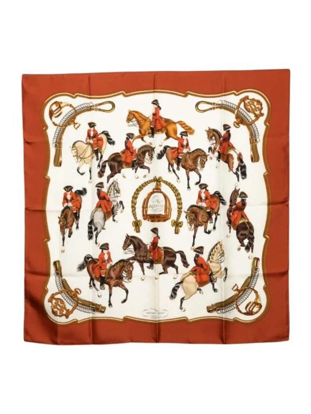 Hermes Carre 90 Reprise Horse Riding Scene Scarf Brown Multicolor Silk